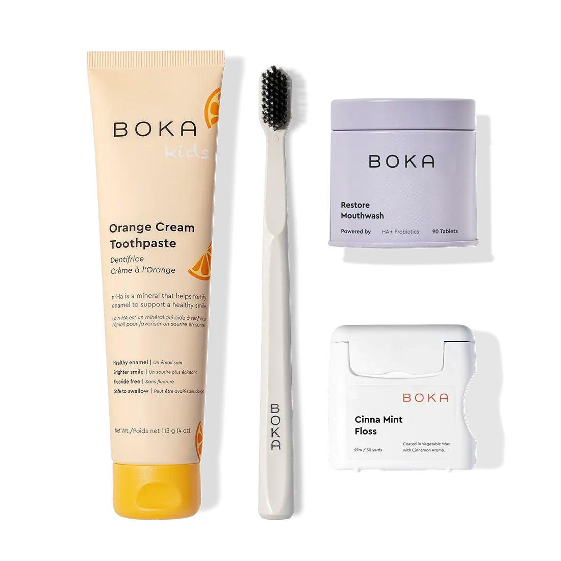 The Advanced Kit includes orange cream kids toothpaste (safe if swallowed), brush, floss & mouthwash.