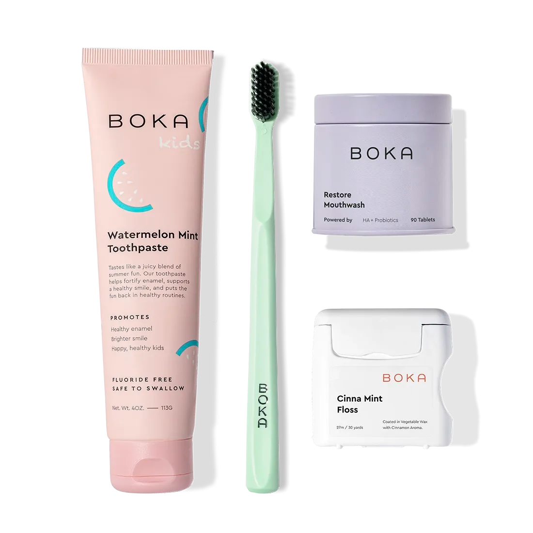 The Advanced Kit includes Boka toothpaste, a green toothbrush, mouthwash tablets, and cinnamon mint floss.