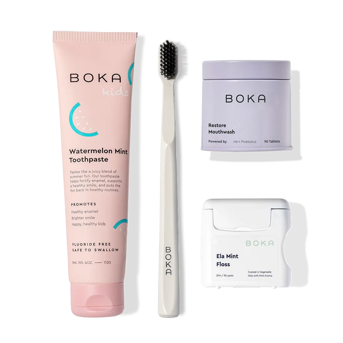 Advanced Kit: safe-for-kids toothpaste, toothbrush, mouthwash tablets, & floss in one set.