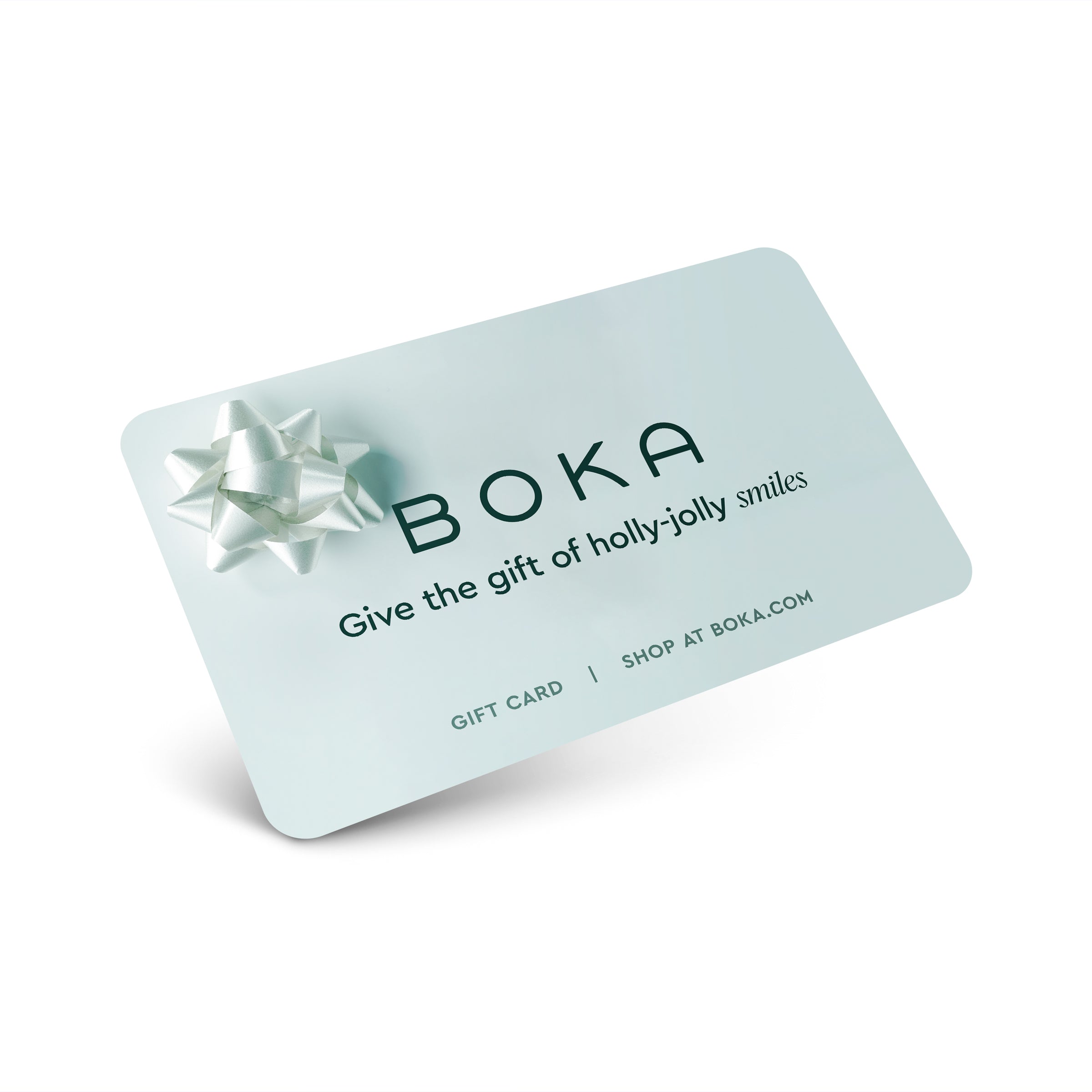Light blue Boka E-Gift Card with a silver bow—spread smiles with gifts from boka.com.