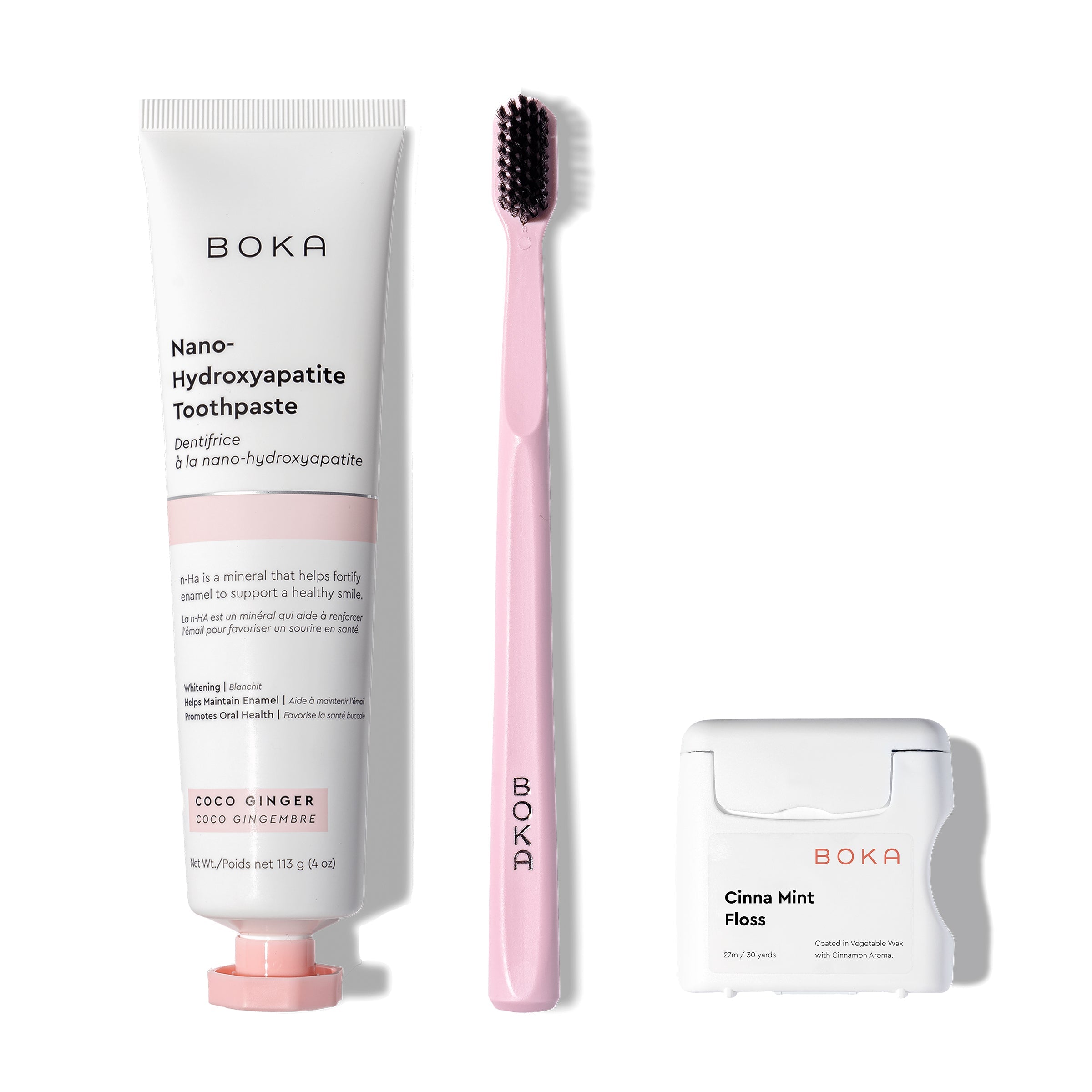 Classic Kit: nano-hydroxyapatite toothpaste, pink charcoal bristle brush, teflon-free floss.