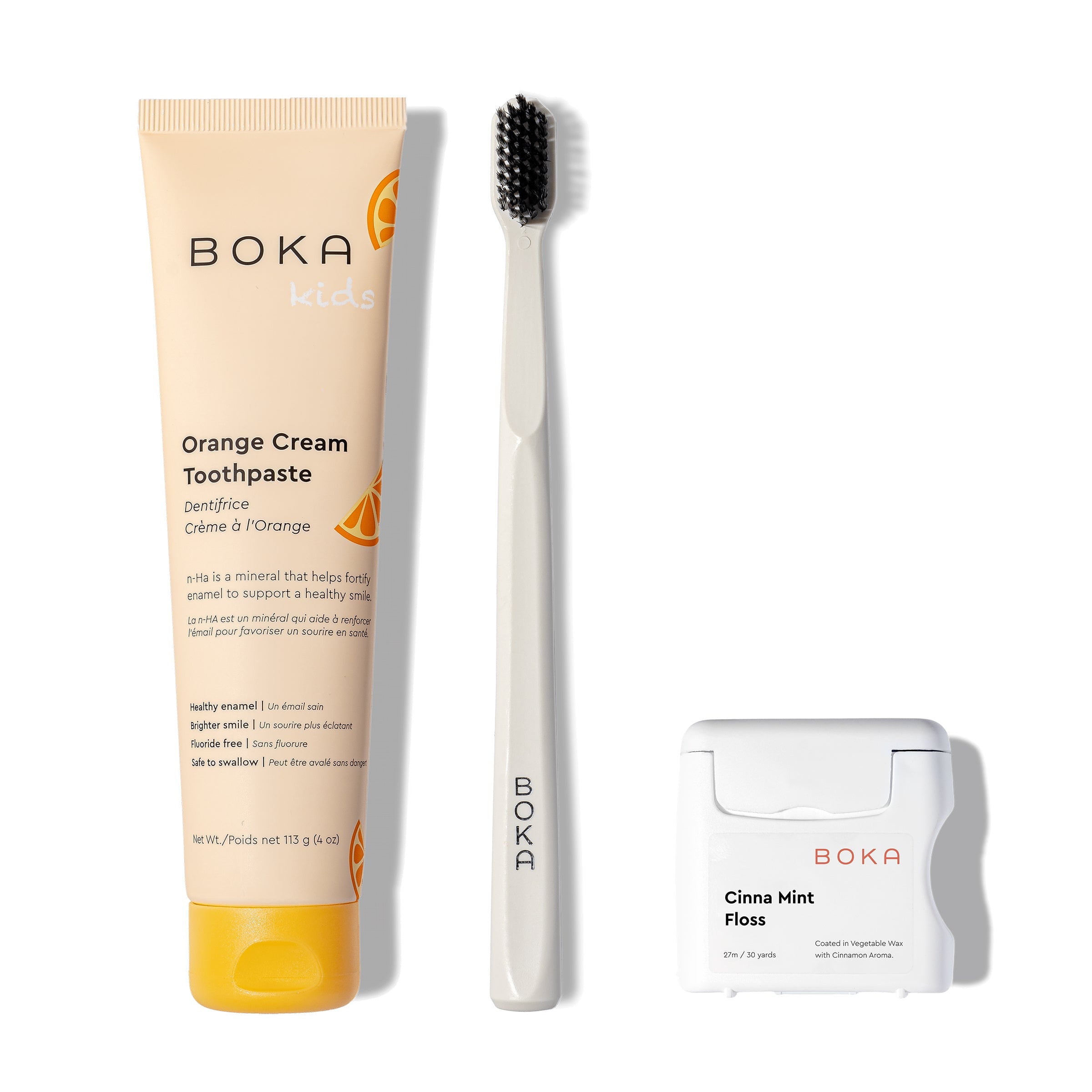 Classic Kit: kids nano-hydroxyapatite toothpaste, charcoal brush, and teflon-free floss.