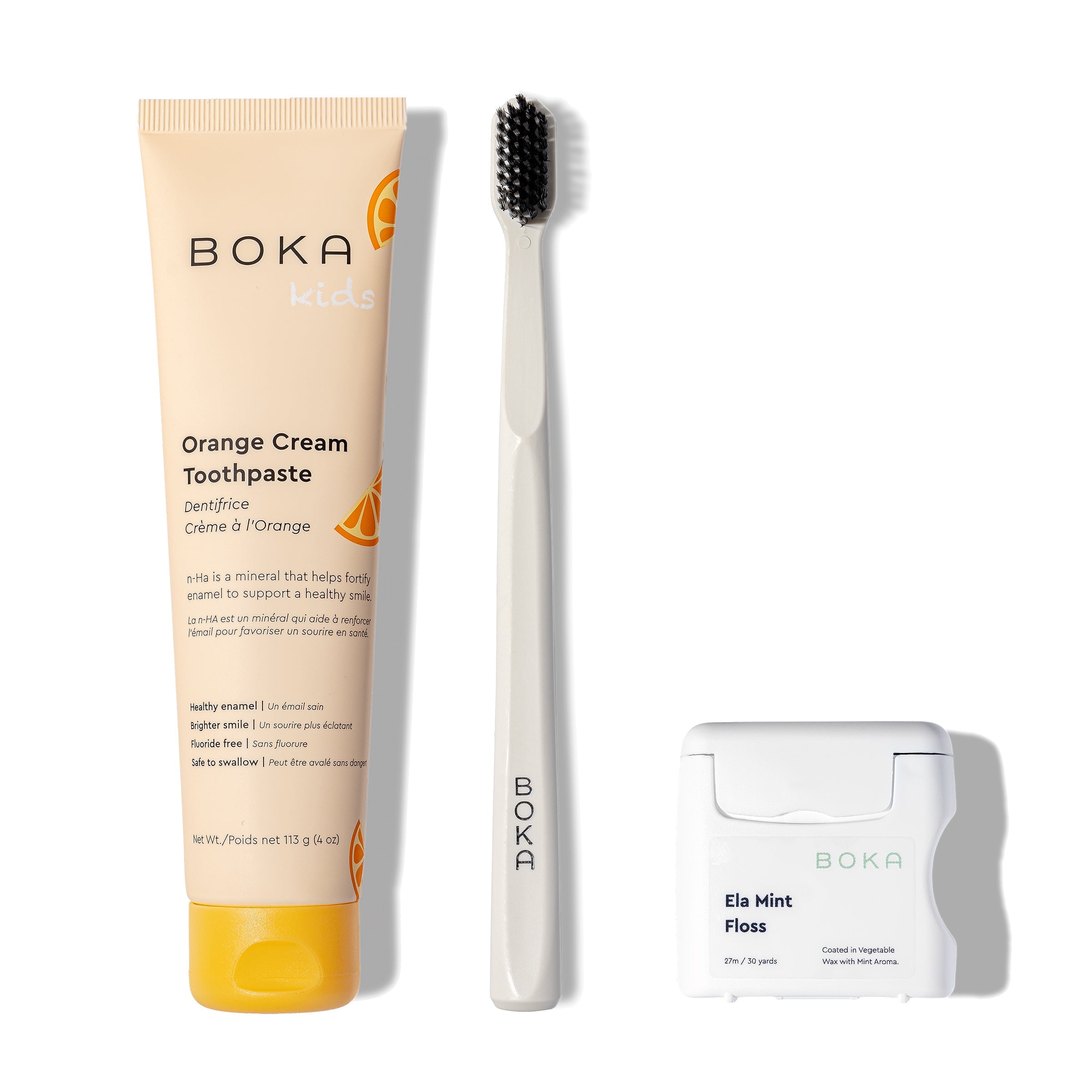 Classic Kit: Kids orange cream nHA toothpaste, charcoal bristles brush & Teflon-free floss.
