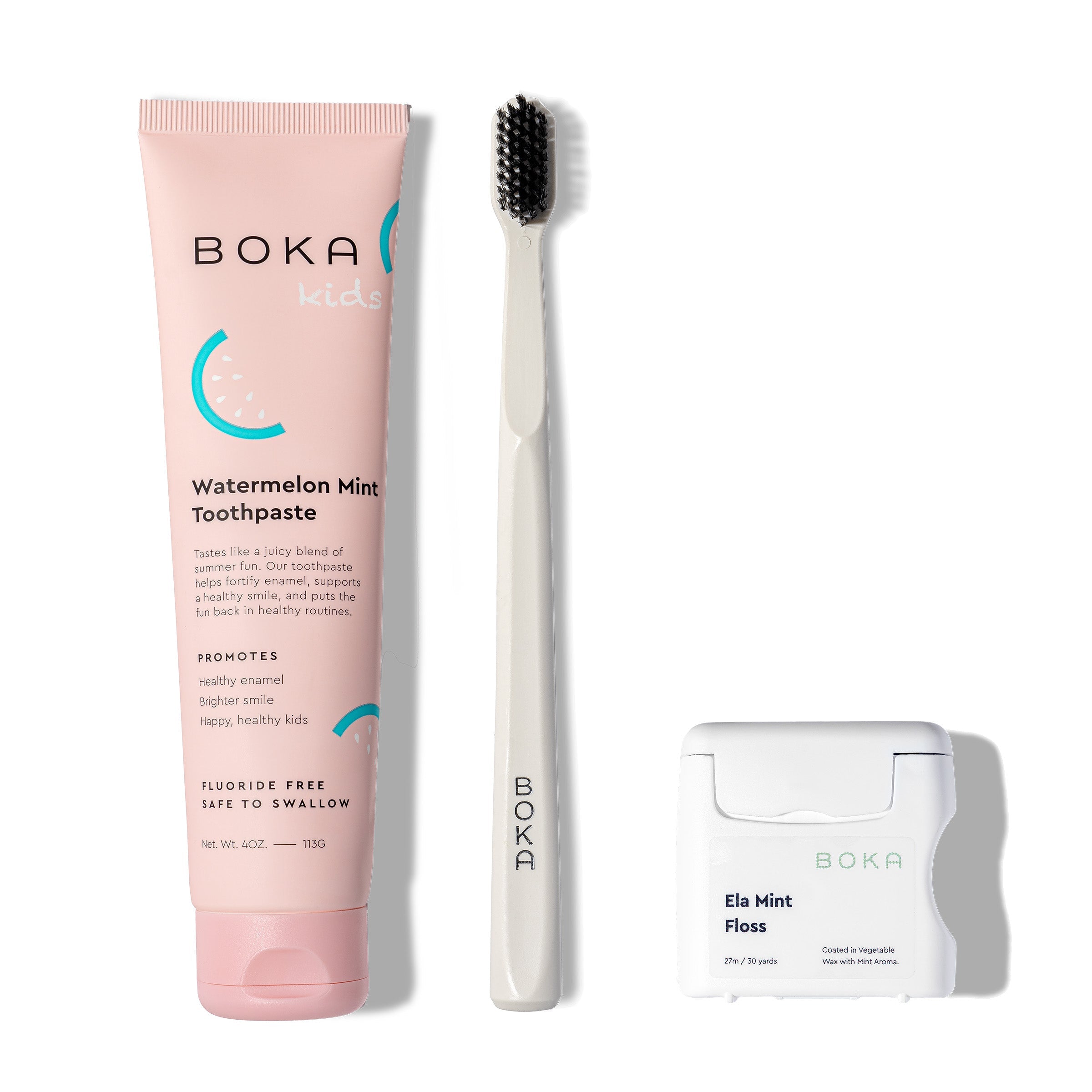 Classic Kit: nano-hydroxyapatite toothpaste, white charcoal toothbrush, and teflon-free floss.