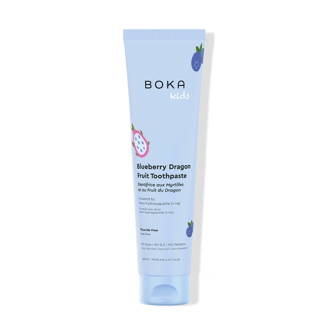 Boka Kids Blueberry Dragon Fruit Toothpaste tube on a white background