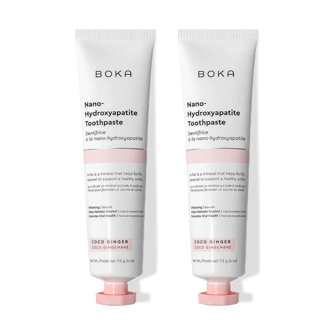 Two tubes of n-Ha Toothpaste 2-Pack in Coco Ginger flavor, great for tooth remineralization.
