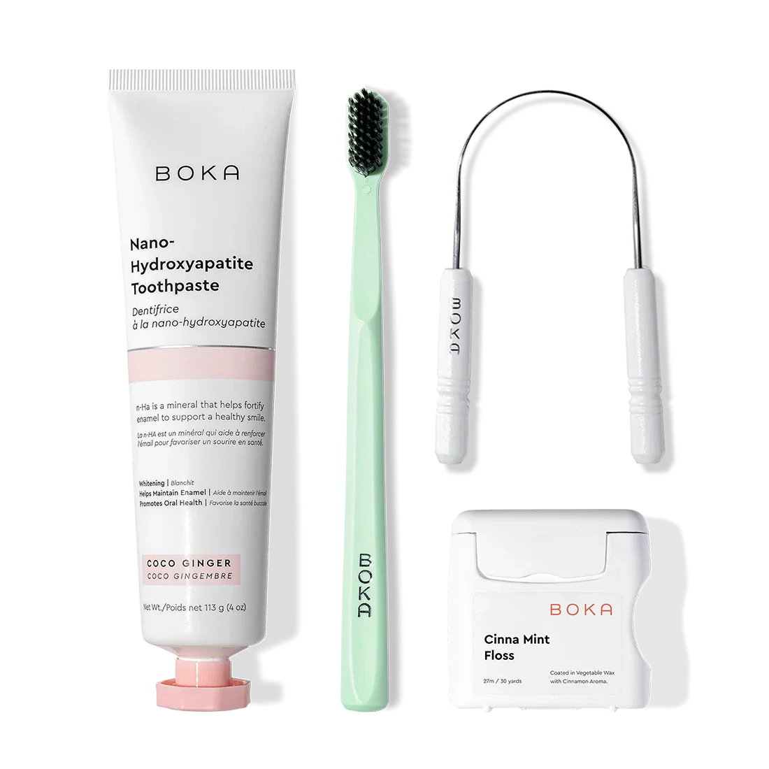 Starter Kit with nano-hydroxyapatite toothpaste, charcoal bristle brush, and tongue cleaner.