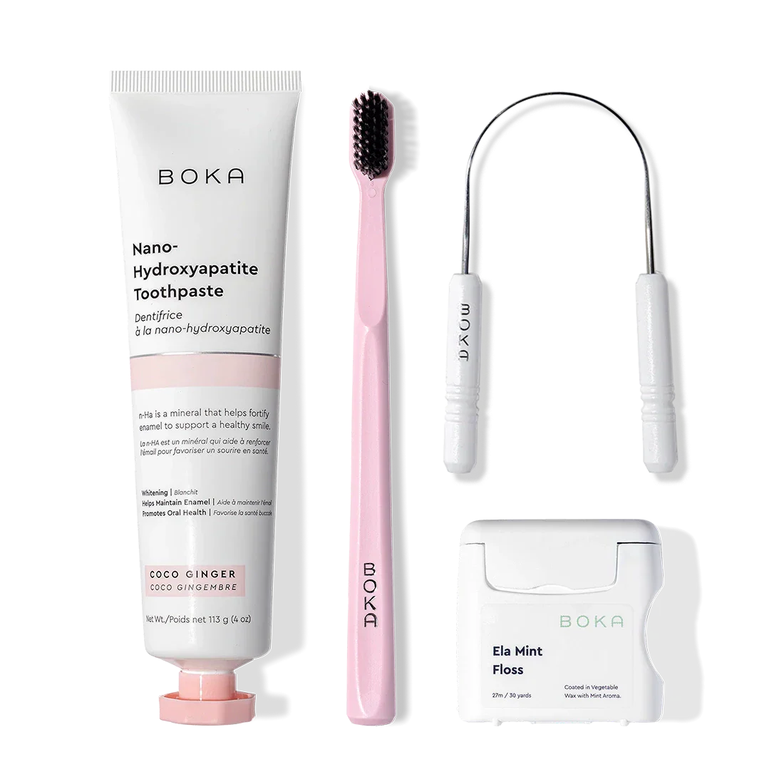 Starter Kit: nano-hydroxyapatite toothpaste, pink brush with charcoal bristles, and tongue cleaner.