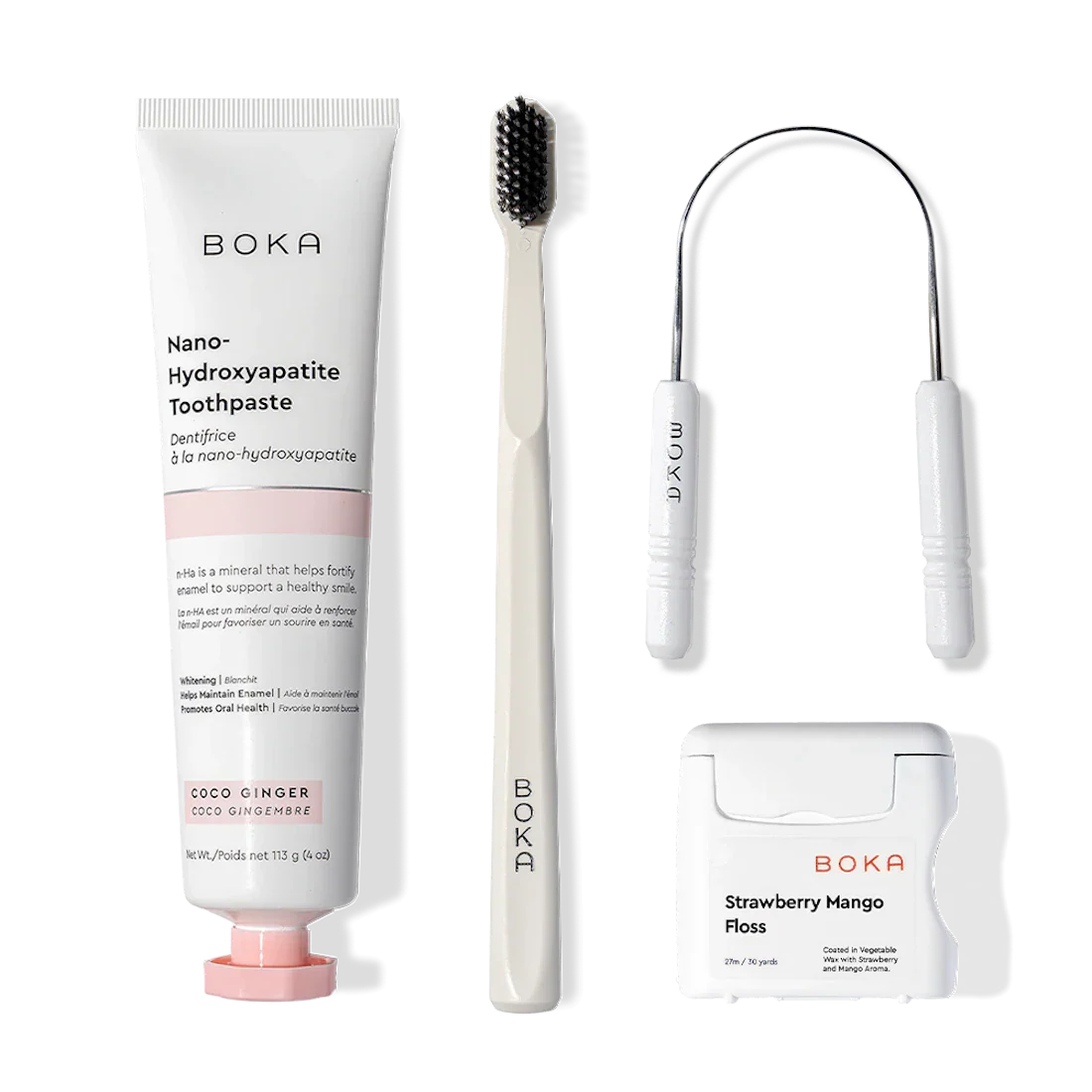 Starter Kit with nano-hydroxyapatite toothpaste, charcoal toothbrush, and floss picks.