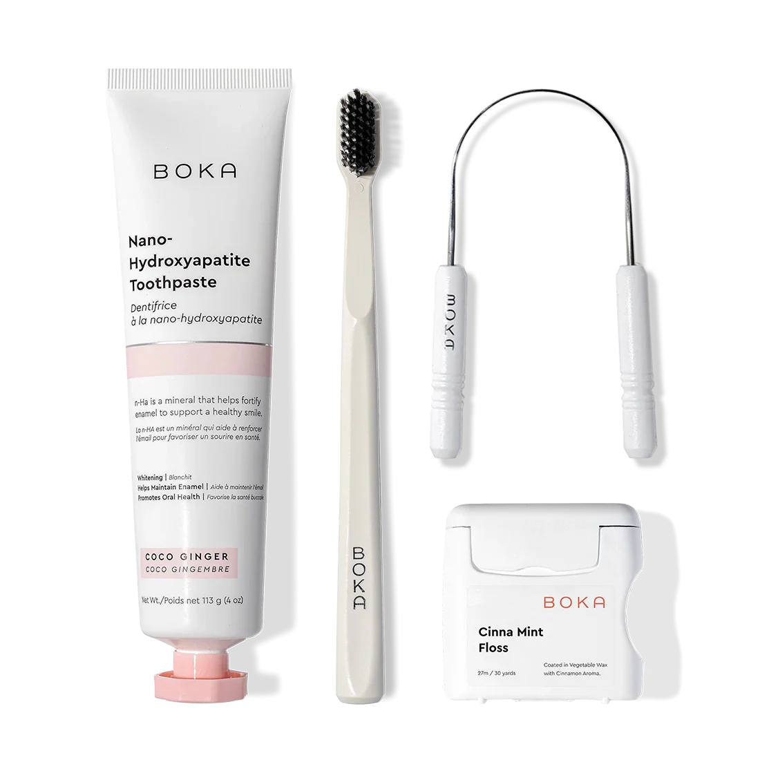The Starter Kit includes nano-hydroxyapatite toothpaste, charcoal toothbrush, tongue cleaner, and floss.
