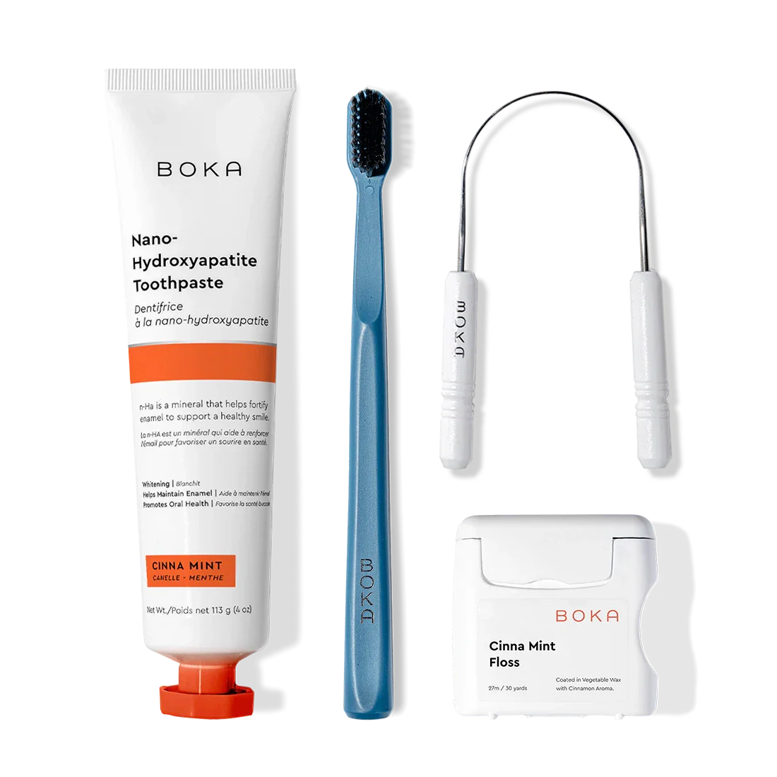 Starter Kit: nano-hydroxyapatite toothpaste, charcoal bristle brush, tongue cleaner & floss in Cinna Mint.