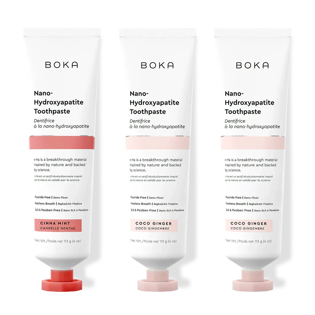 Three tubes of Boka Nano-Hydroxyapatite Toothpaste on a white background