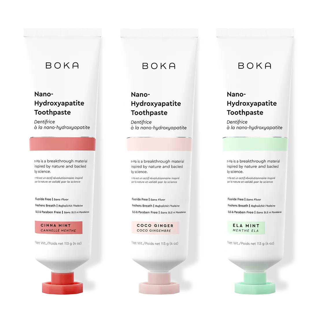 Three tubes of Boka Nano-Hydroxyapatite Toothpaste with different flavors on a white background.