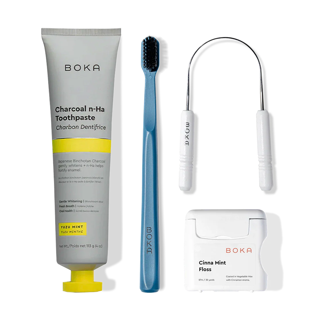 Starter Kit: nano-hydroxyapatite toothpaste, blue charcoal toothbrush, floss & tongue cleaner.