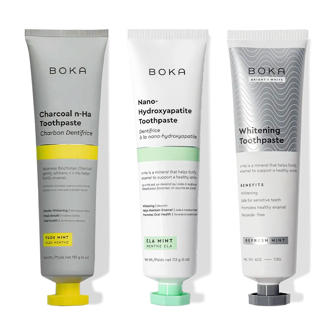 Three Boka Charcoal Yuzu Mint Whitening n-Ha Toothpastes for a brighter, whiter smile.