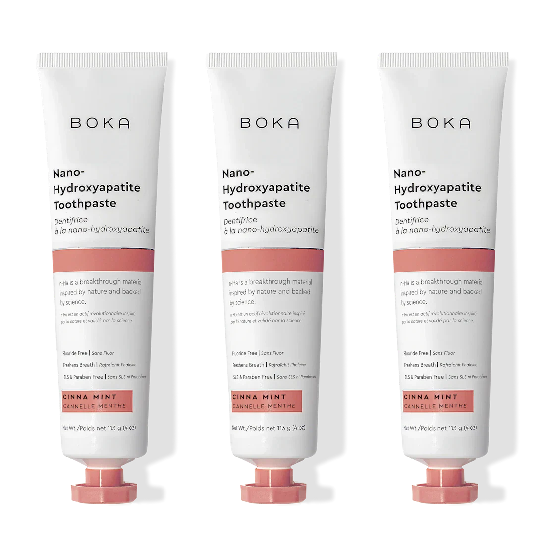 Three tubes of Boka Nano Hydroxyapatite Toothpaste on a white background
