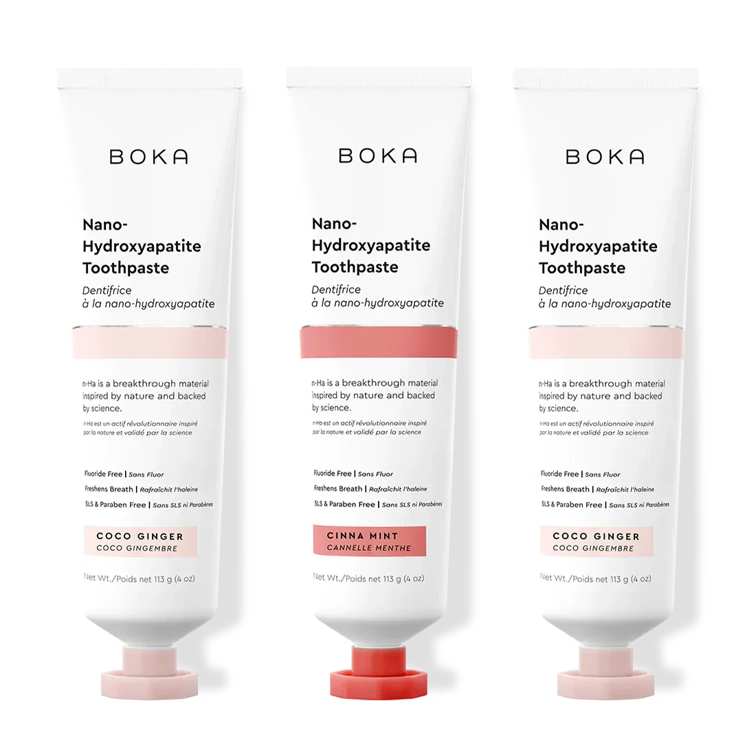 Three tubes of Boka Nano-Hydroxyapatite Toothpaste with different flavors on a white background.