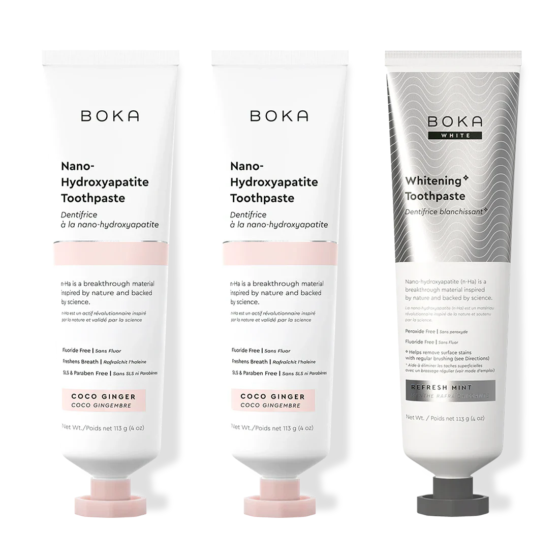 Three bottles of Boka Nano-Hydroxyapatite Toothpaste on a white background