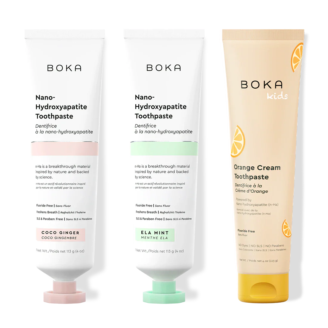 Three tubes of Boka Nano-Hydroxyapatite Toothpaste on a white background
