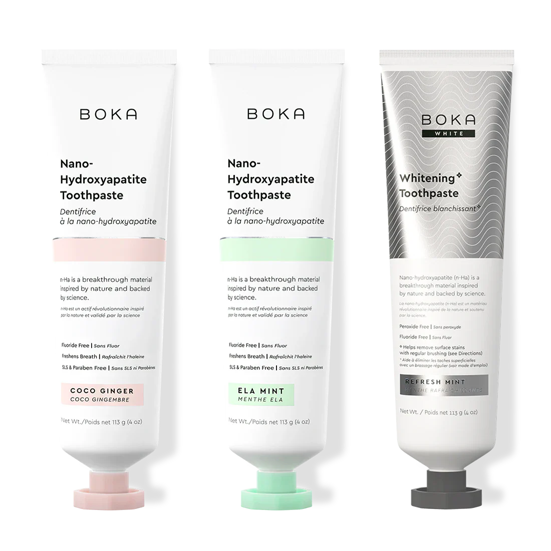 Three bottles of Boka Nano-Hydroxyapatite Toothpaste on a white background