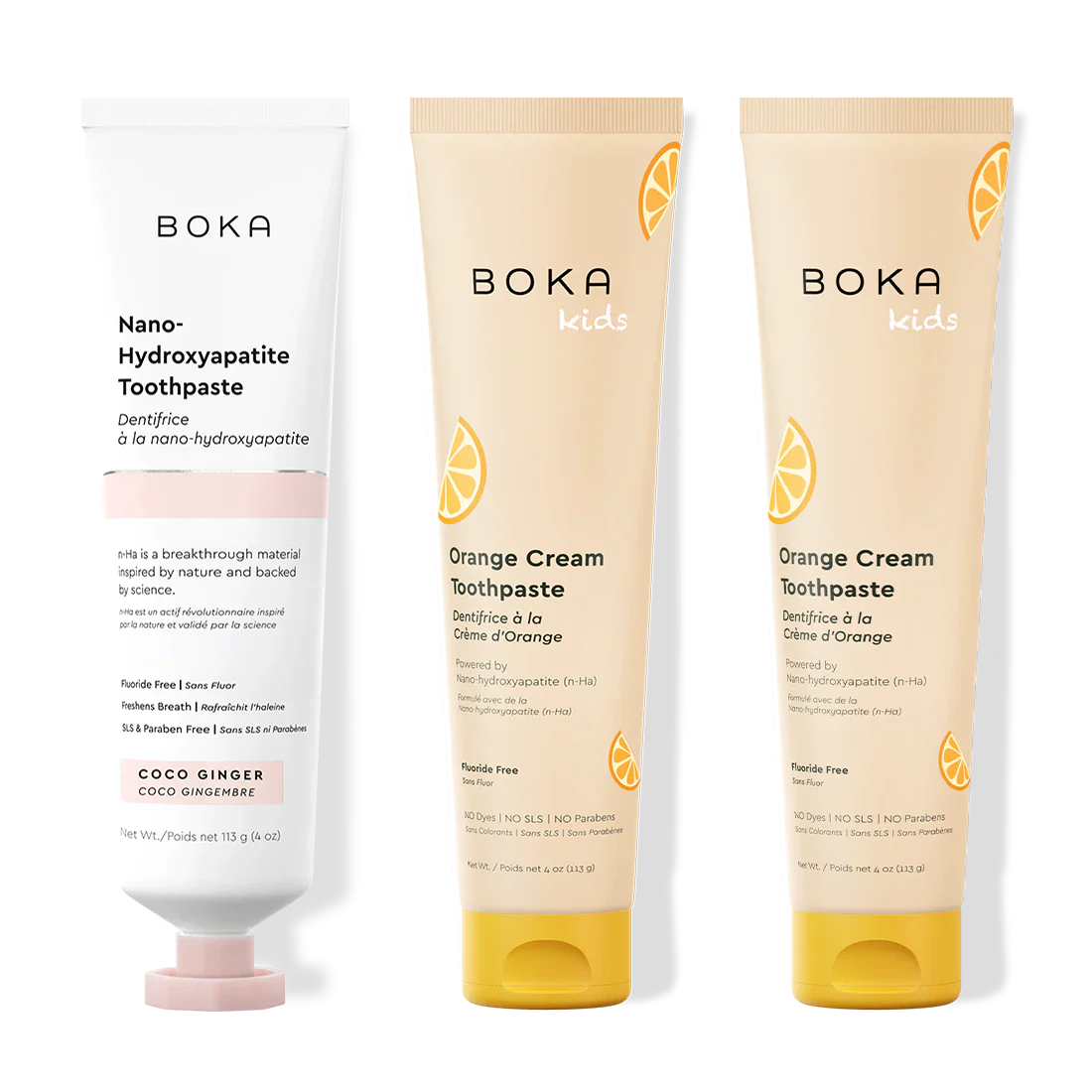 Three bottles of Boka Nano-Hydroxyapatite Toothpaste on a white background