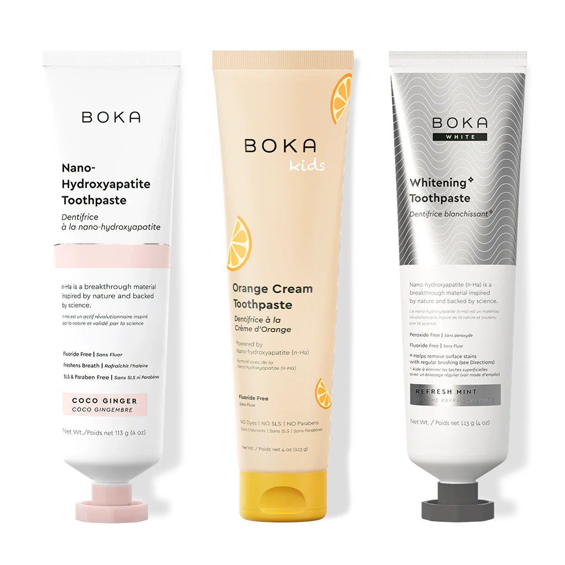 Three bottles of Boka Nano-Hydroxyapatite Toothpaste on a white background