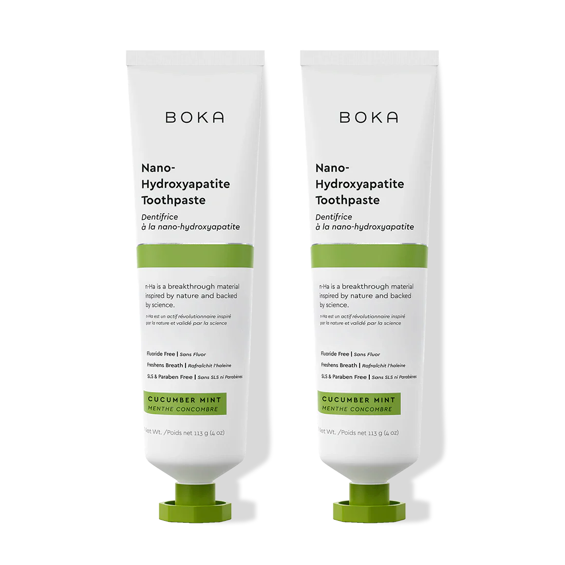 Two tubes of Boka Nano-Hydroxyapatite Toothpaste on a white background