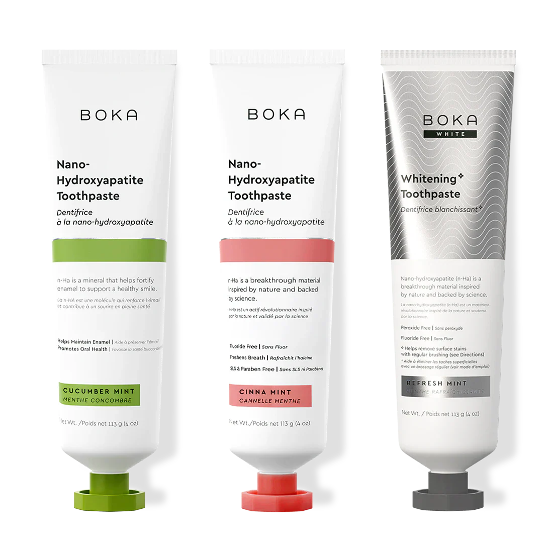 Three bottles of Boka Nano-Hydroxyapatite Toothpaste on a white background