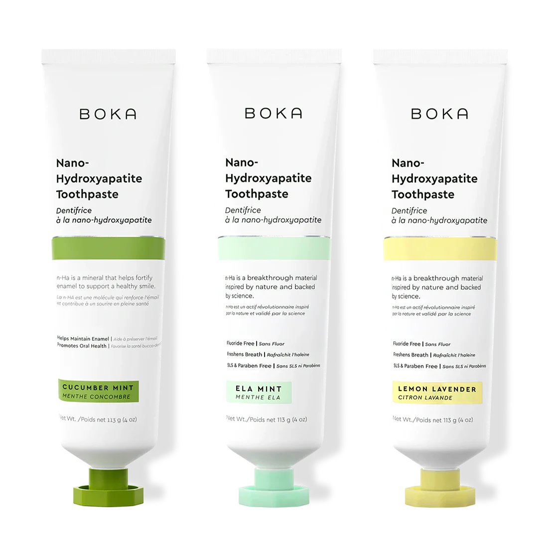 Three bottles of Boka Nano-Hydroxyapatite Toothpaste on a white background