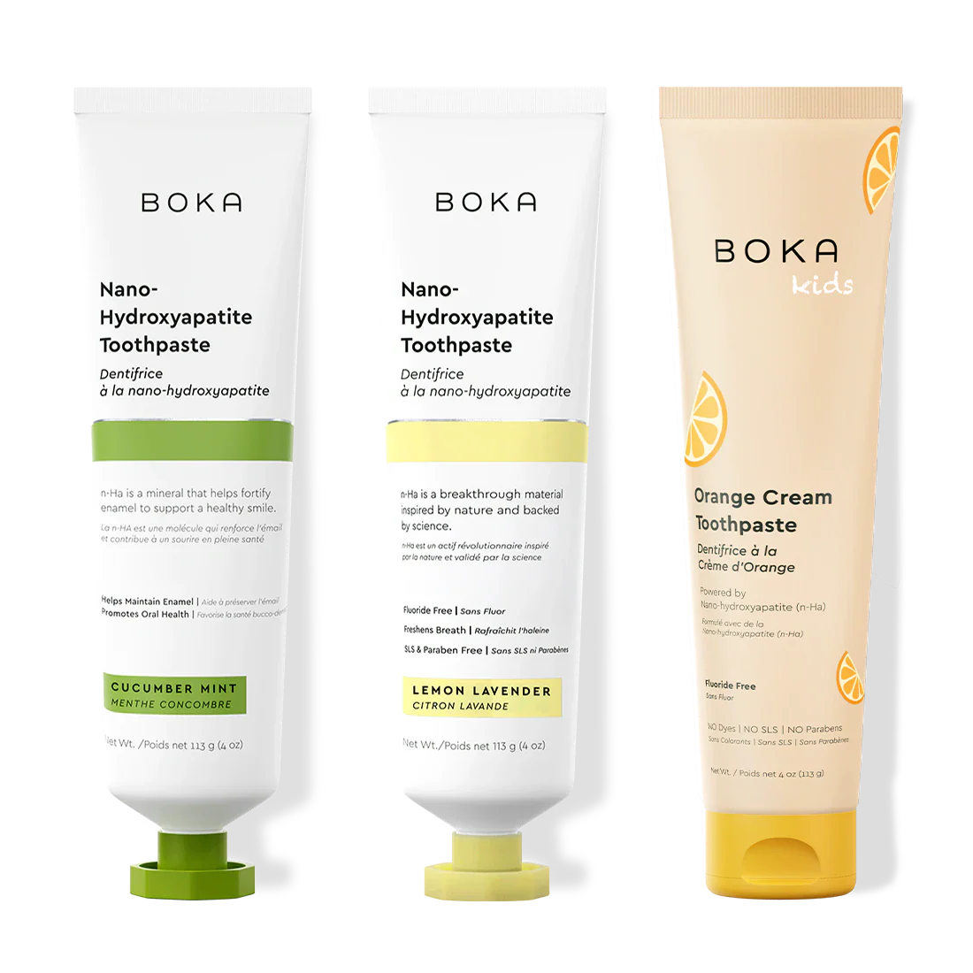 Three bottles of Boka Nano-Hydroxyapatite Toothpaste on a white background