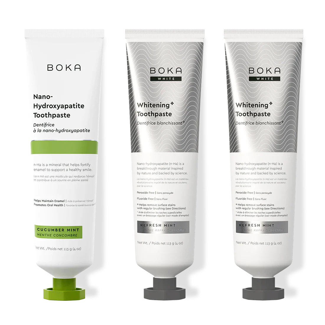 Three bottles of Boka Nano-Hydroxyapatite Toothpaste on a white background