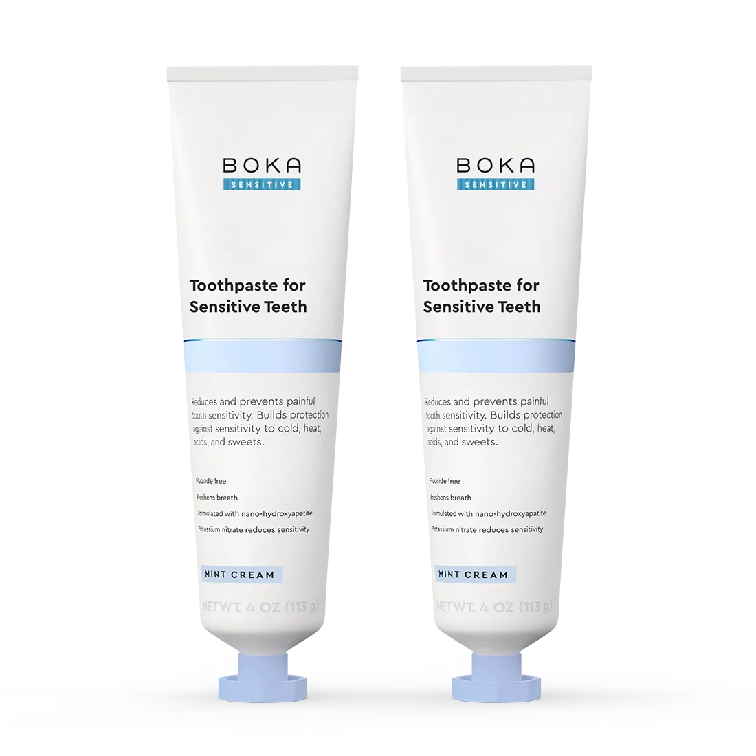 Two tubes of Boka Toothpaste for Sensitive Teeth on a white background