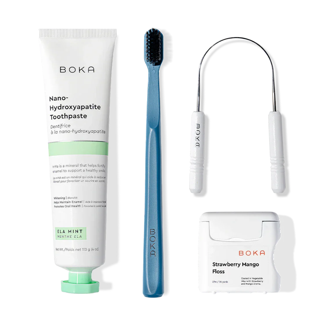 Starter Kit with nano-hydroxyapatite toothpaste, blue toothbrush, floss pick, and fruity dental floss.