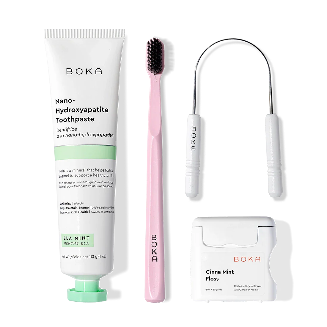 Starter Kit with pink toothbrush (charcoal bristles), toothpaste, and tongue cleaner shown.