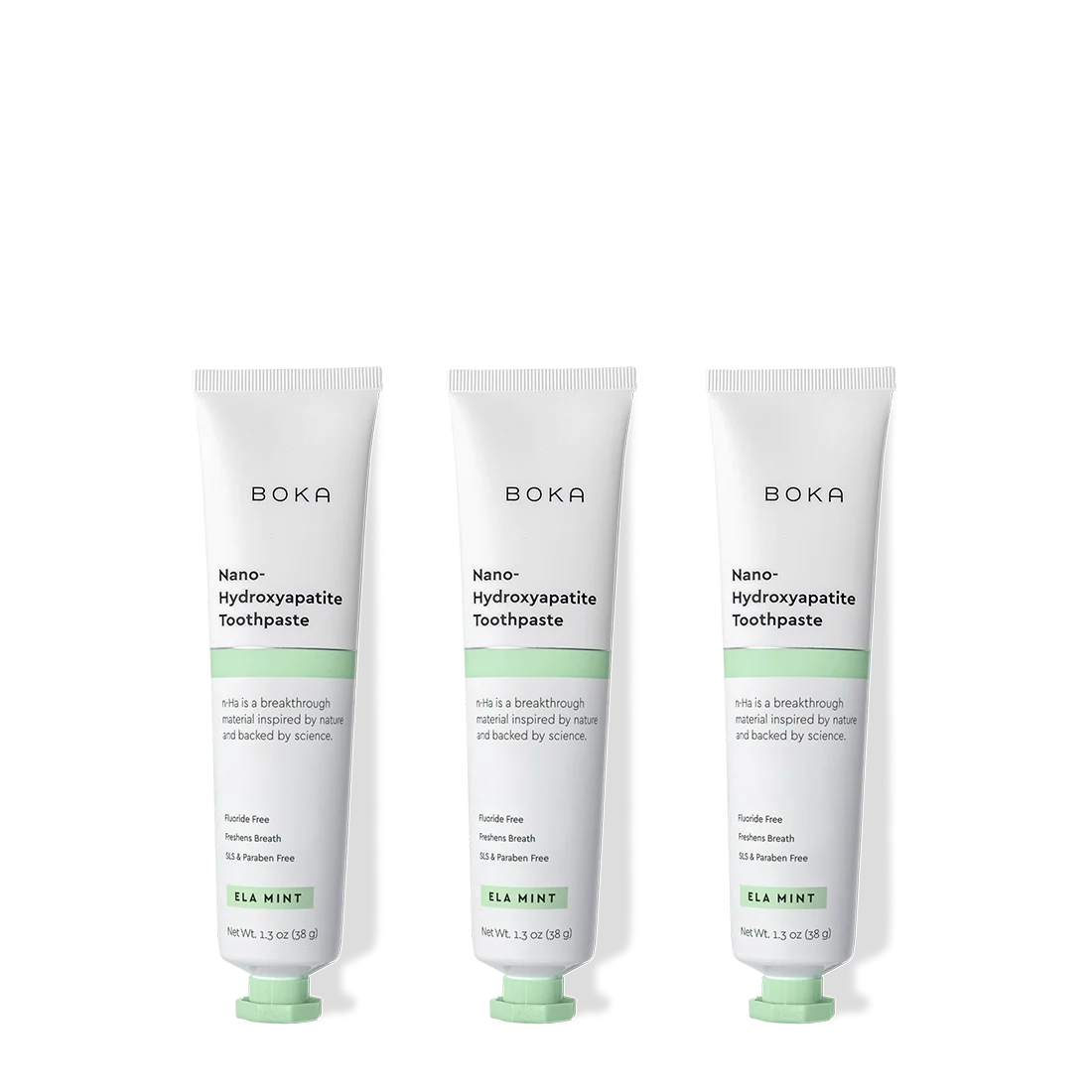 Three tubes of Boka Nano Hydroxyapatite Toothpaste on a white background