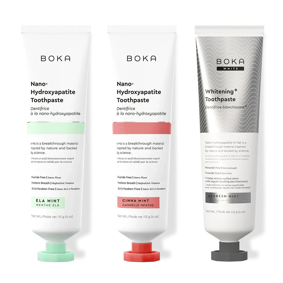 Three bottles of Boka Nano-Hydroxyapatite Toothpaste on a white background
