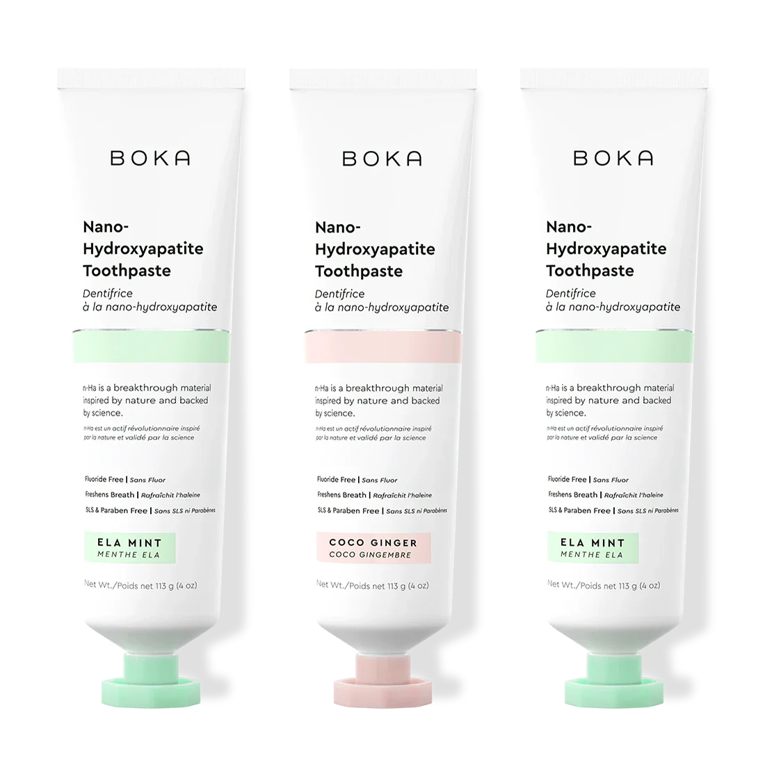Three tubes of Boka Nano-Hydroxyapatite Toothpaste on a white background