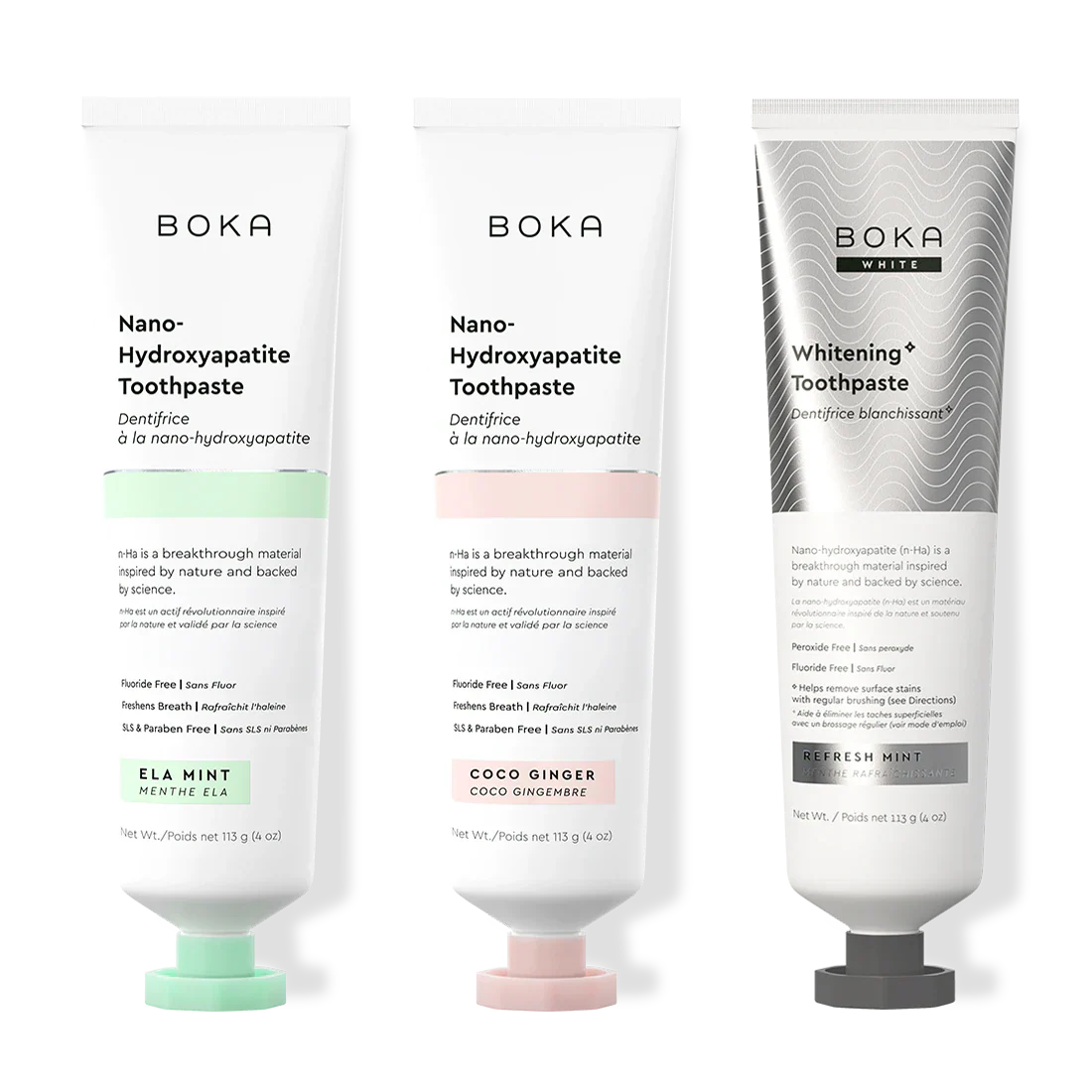 Three bottles of Boka Nano-Hydroxyapatite Toothpaste on a white background