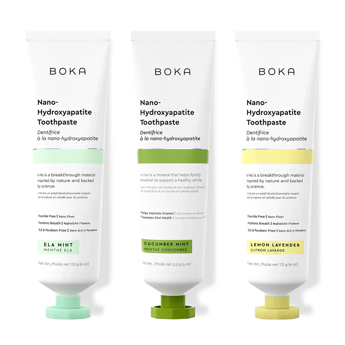 Three tubes of Boka Nano-Hydroxyapatite Toothpaste on a white background