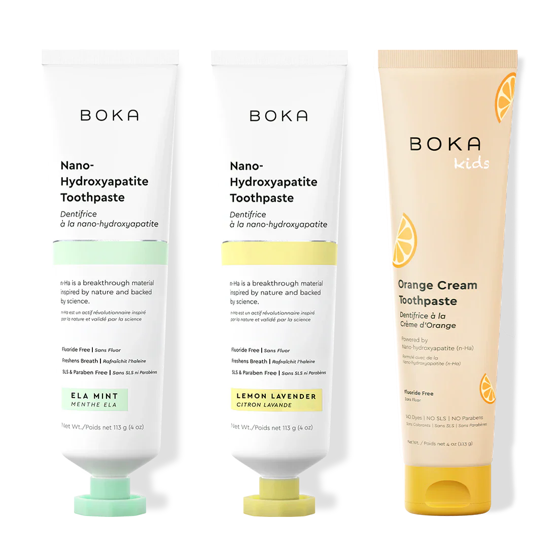 Three tubes of Boka Nano-Hydroxyapatite Toothpaste on a white background