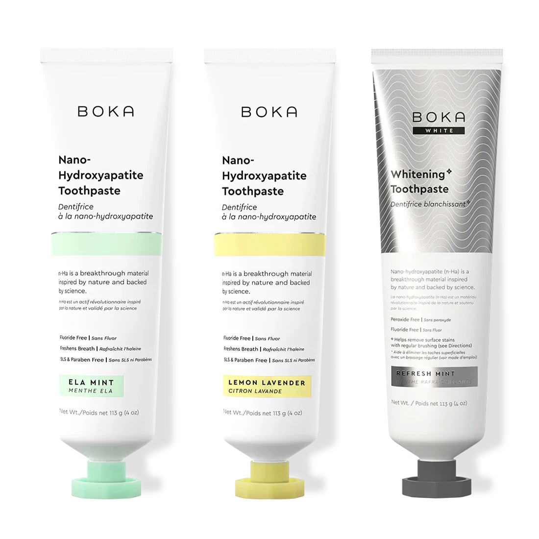 Three bottles of Boka Nano-Hydroxyapatite Toothpaste on a white background