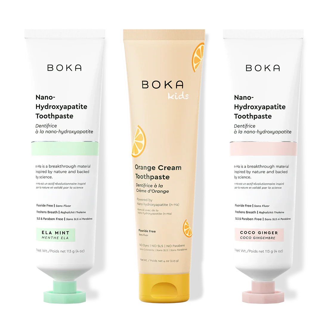 Three tubes of Boka Nano-Hydroxyapatite Toothpaste on a white background