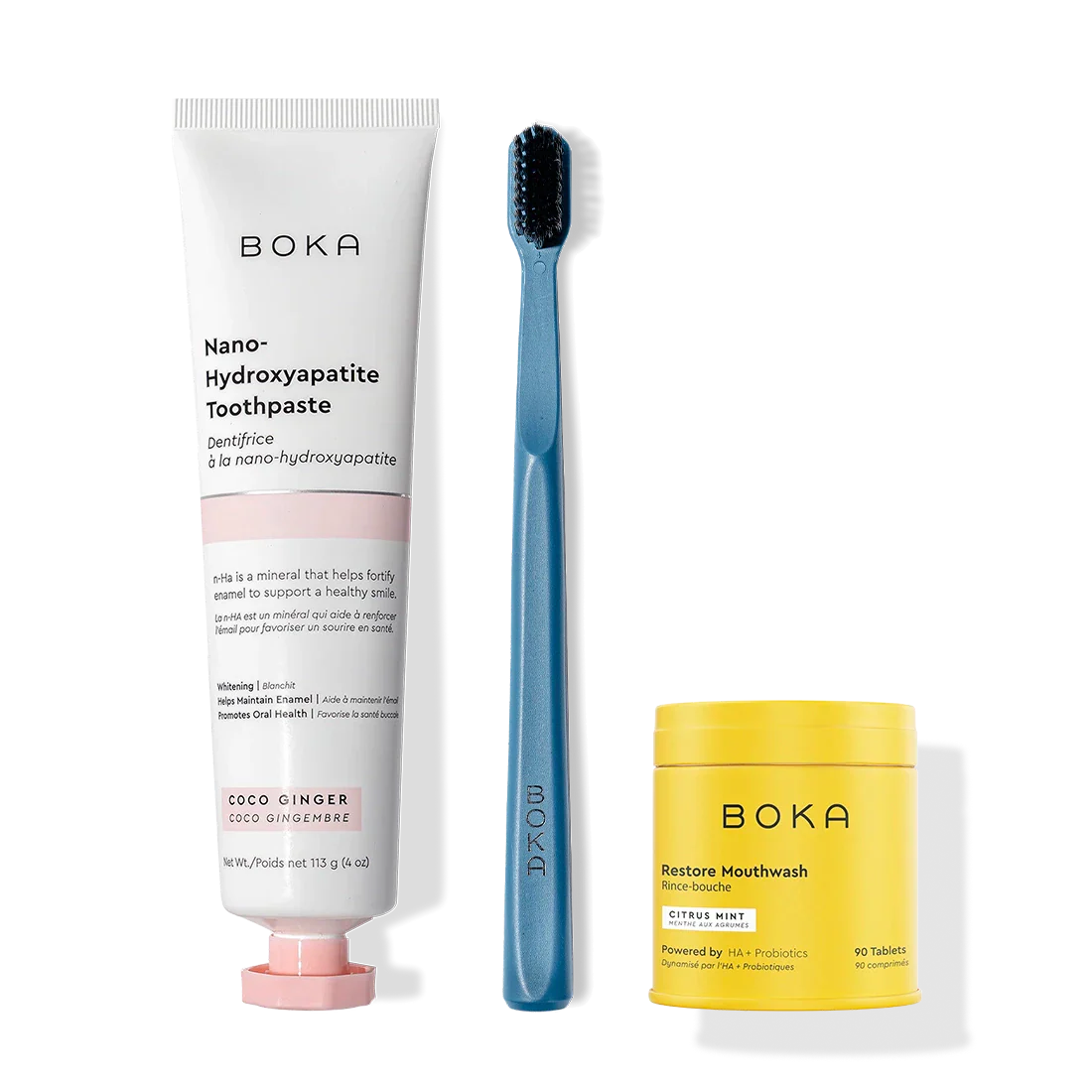 Fresh Faced toothpaste, a black activated charcoal toothbrush, and Fresh Faced Restore Mouthwash.