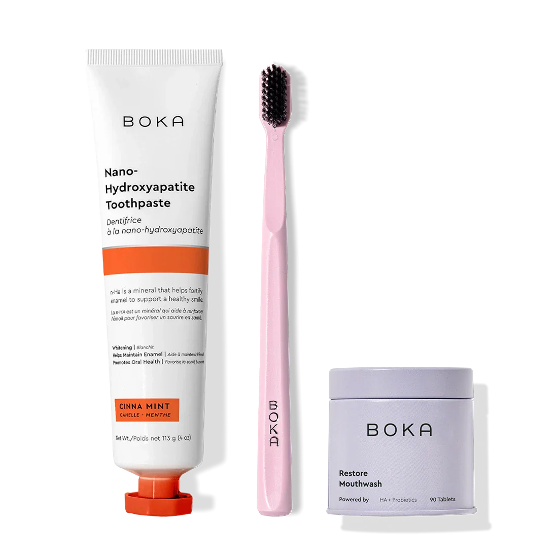Fresh Faced includes toothpaste, a pink charcoal toothbrush, and restore mouthwash tablets.