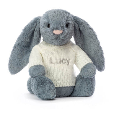 Bashful Dusky Blue Bunny with Personalized Cream Jumper