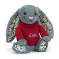 Blossom Dusky Blue Bunny with Personalized Red Jumper