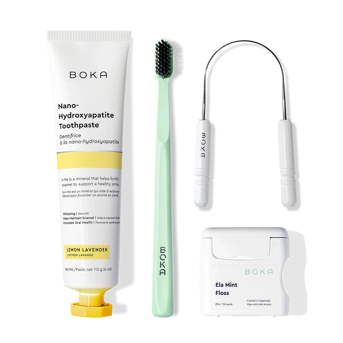 Starter Kit with n-Ha Toothpaste, charcoal bristles brush, tongue scraper, and floss.