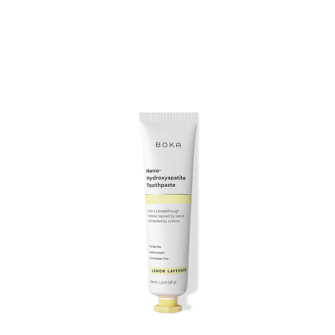 A white tube of Lemon Lavender Travel Size n-Ha Toothpaste on a black background.