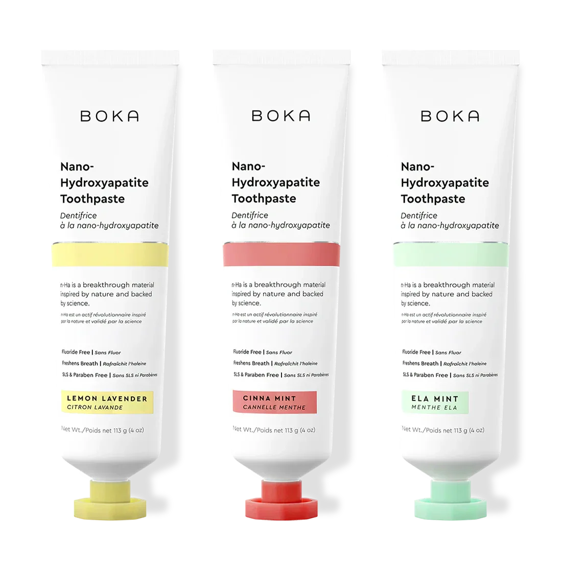 Three tubes of Boka Nano-Hydroxyapatite Toothpaste with different flavors on a white background.