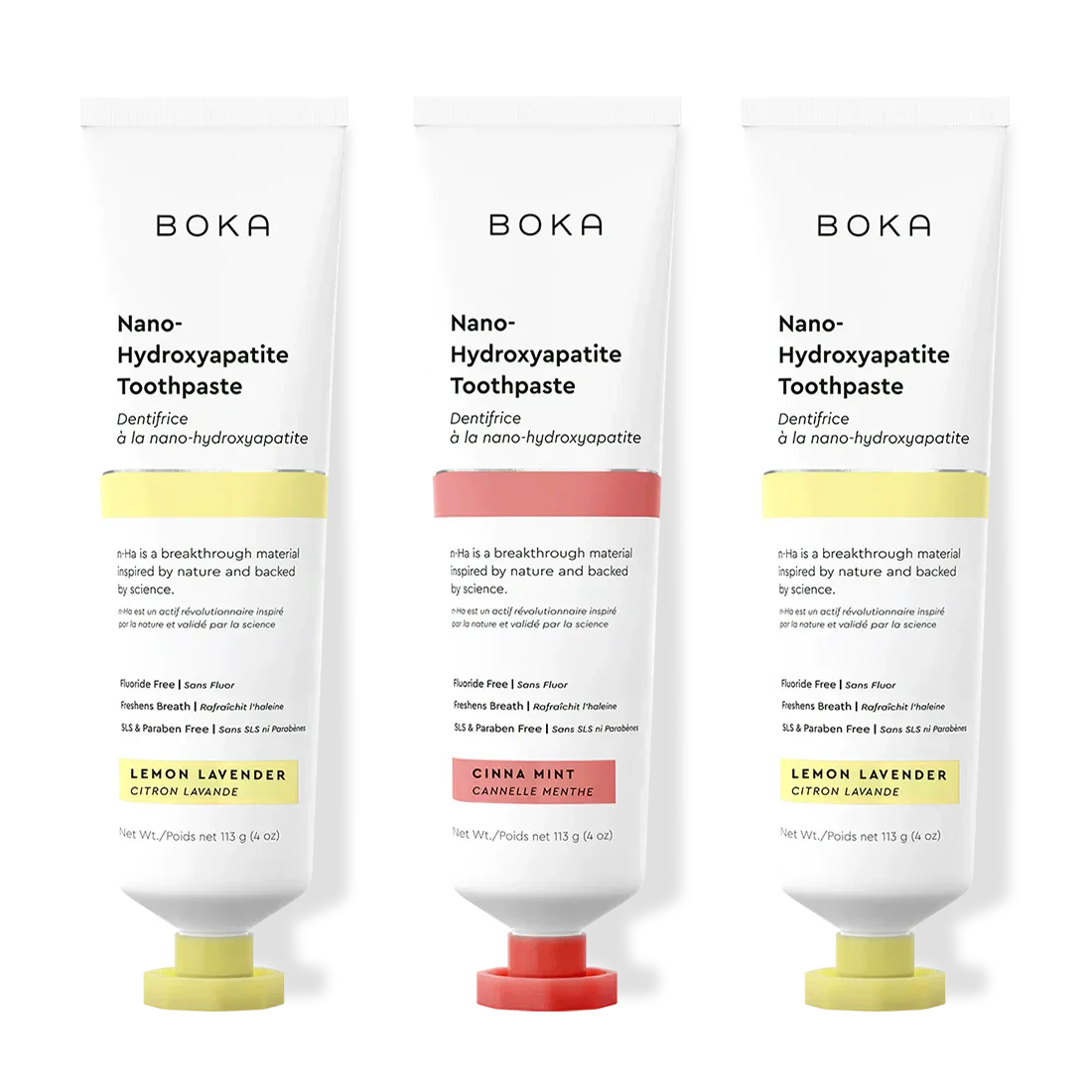 Three tubes of Boka Nano-Hydroxyapatite Toothpaste with different flavors on a white background.